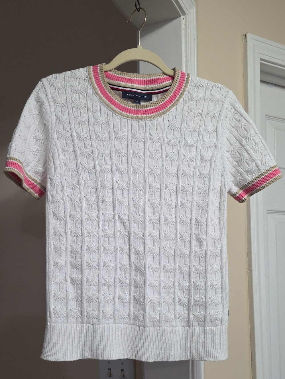 Tommy Hilfiger White Cable Knit Short Sleeve Sweater with Pink Trim